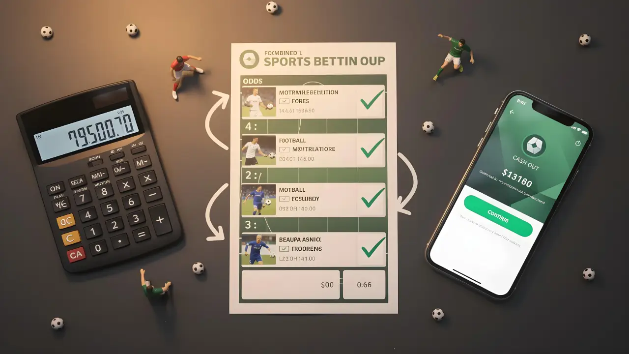 Accumulator betting slip with multiple selections, calculator, and mobile cash out feature