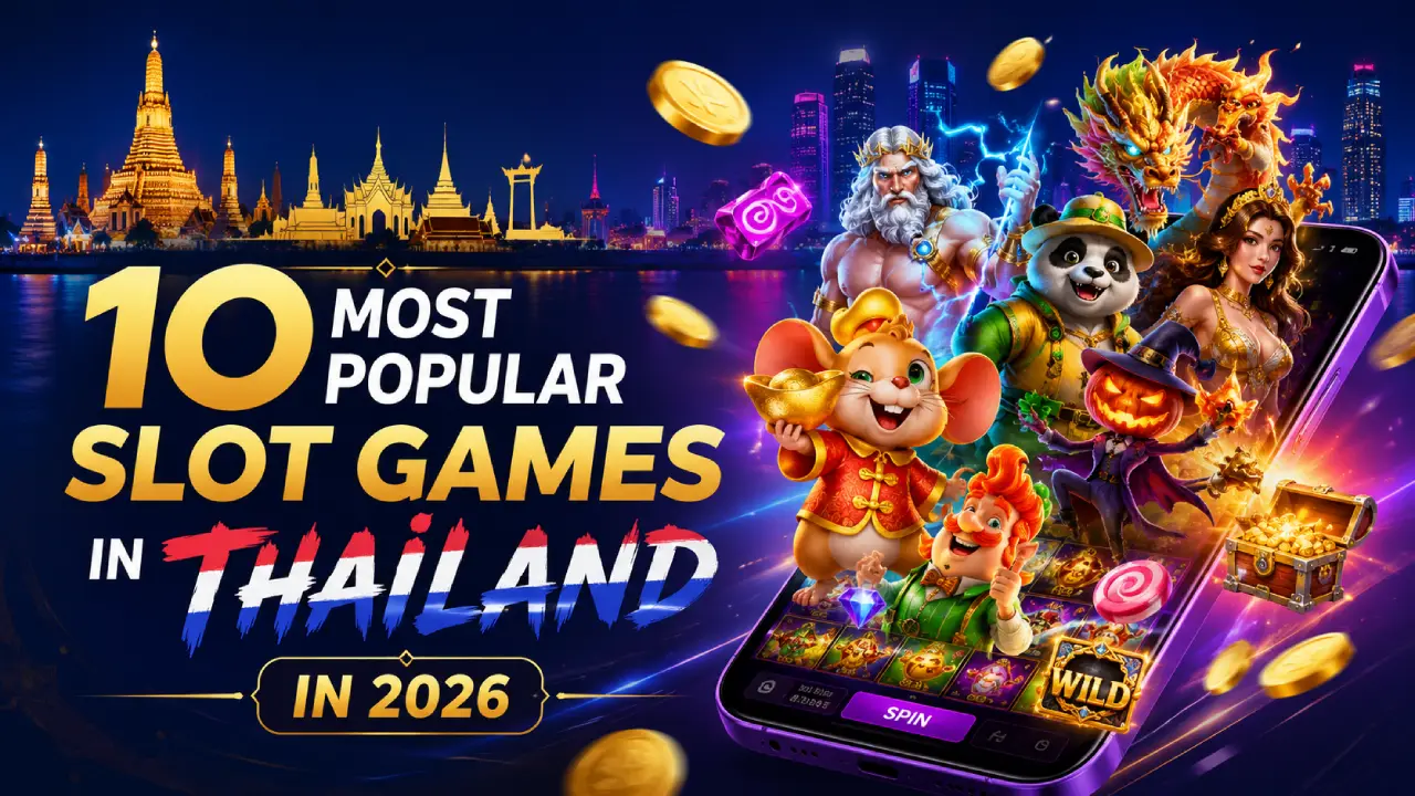 10 most popular slot games in Thailand in 2026 featuring colorful slot characters, a mobile slot game, gold coins, and Thai landmarks.