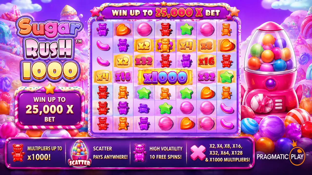 Sugar Rush 1000 by Pragmatic Play featuring colorful candy symbols, gummy bears, multiplier tiles up to 1000x, free spins, and a candy-themed slot grid.