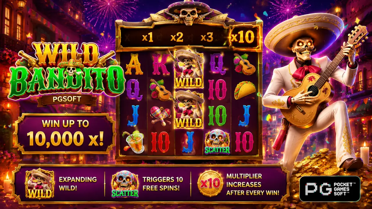 Wild Bandito by PG Soft featuring a skeleton bandito, colorful slot reels, wild and scatter symbols, free spins, and increasing multipliers.