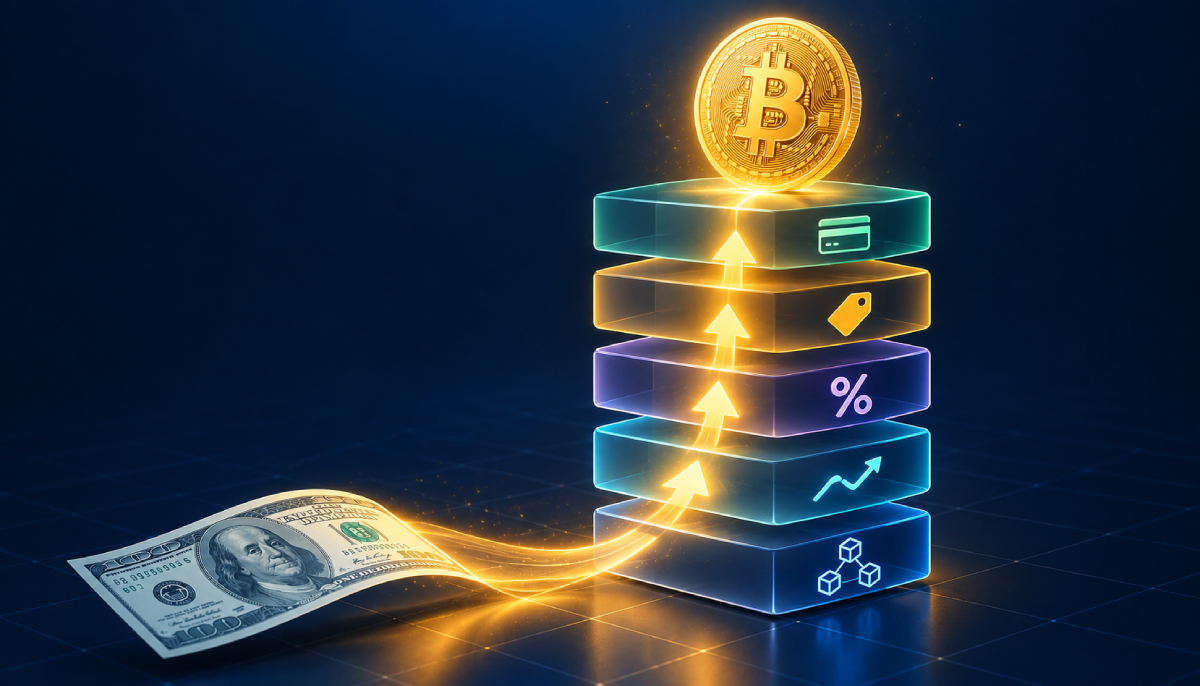Cost layers of a Bitcoin purchase on Binance.US: funding, spread, trading fee, slippage and withdrawal