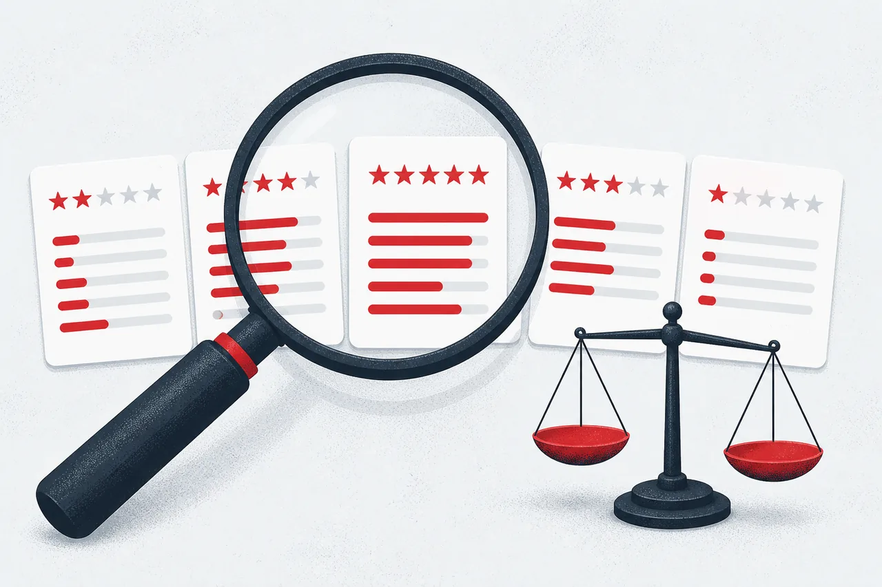 Magnifying glass over rating cards comparing online casinos