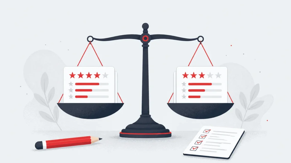 Rating cards on a balance scale for comparing online casinos